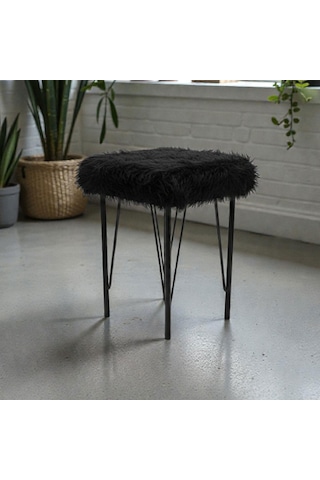 Kare Peluş Puf Tabure Beyaz/siyah Metal Ayaklı 35 35x50 Cm Makyaj Taburesi Siyah