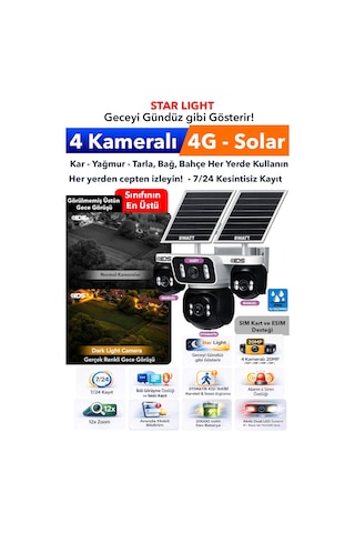 20mp 4 Kameralı Güneş Enerjili Solar 4g Güvenlik Kamerası - Startlight Üstün Gece Görüş - Mobil İzle