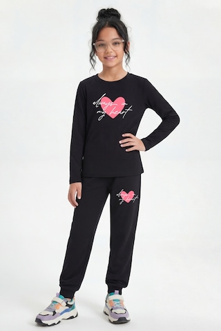 Panios Kids 3'lü Yuvarlak Yaka Sweatshirt Siyah Eşofmanlı Baskı Detaylı 6 Parça Kız Çocuk Alt Üst Takım Siyah - Turuncu