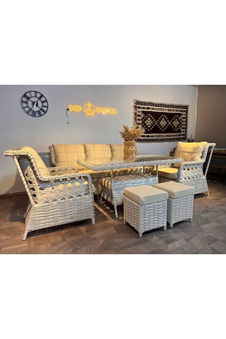Depodunya Rattan Puflu Bahçe Balkon Takımı 3 1 1 Rattan Bahçe Mobilyası Bahçe Takımı Oturma Grubu Bej
