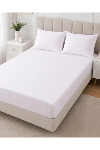Wova Home Pearl Stripe Çift Kişilik Çarşaf Takımı%90 Pamuk 83 Tel Saten Çizgili Beyaz Lastikli Çarşaf Takımı Diğer