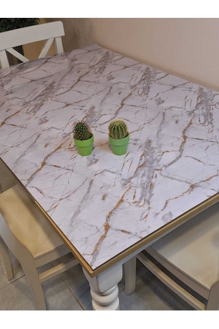 Kalın Pvc Masa Koruyucu 1.2 Mm Mika Örtü, 80 Cm En, Mermer Desen Altın
