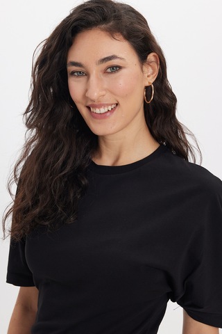 Tudors Kadın Oversize Geniş Kesim Pamuk Bisiklet Yaka Yarasa Kol Siyah Tişört-50686 L