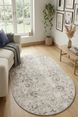 Raschel Carpet Premium Oval Yıkanabilir Leke Tutmaz Modern Antik Bej Özel Seri Kaymaz Taban Halı Yolluk Bej