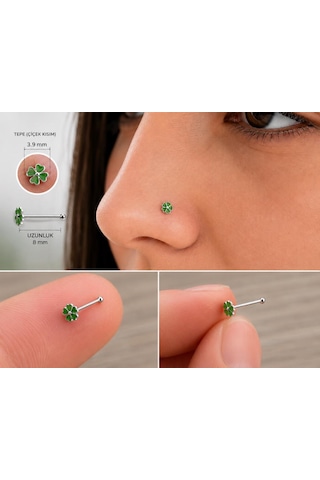 925 Ayar Gümüş Burun Hızması Yeşil Çiçek Desenli Minimal Nose Stud Kadın Erkek Unisex 8 Mm Gri