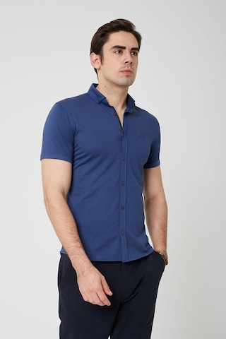 Coonless Erkek Kısa Kol Slim Fit Gömlek Koyu Mavi Beyaz