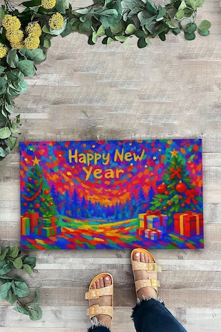Valerine Life Happy New Year Mutlu Yıllar Welcome Hoş Geldiniz Kapı Önü Paspası 45x70cm Kahverengi