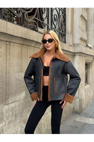 Kürk Detaylı Kışlık Denim Ceket Siyah