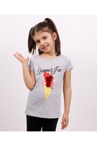 Toontoy Kids Toontoy Kız Çocuk Dondurma Baskılı Tişört Gri Melanj