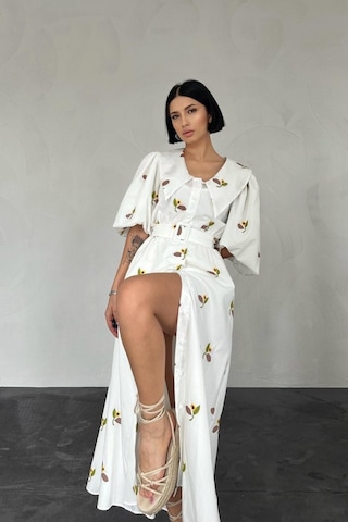 Moderie Butik Kahverengi Yakası Çiçek Motifli Kemerli Elbise Kahve