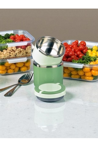 Tohana Kulplu Çelik Sefer Tası - Yemek Termosu Saklama Kabı 2 Katlı Yeşil 930 Ml. Yeşil
