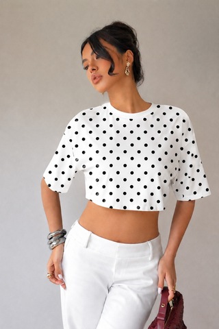 Hımmelduf Kadın Puantiye Desenli Crop Tişört Basic Oversize Yazlık Bluz Beyaz