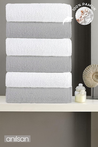 6'lı Gri-beyaz El Havlusu - 50x90 Cm, 225 Gr, %100 Pamuk, Spa Ve Otel Havlusu Beyaz - Gri