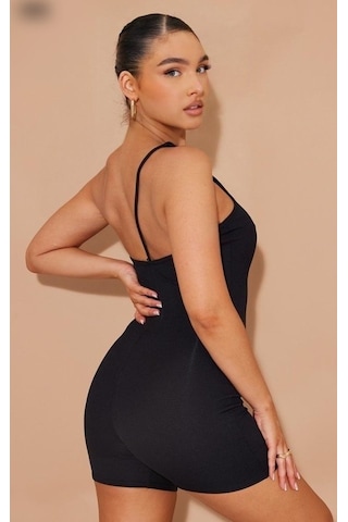 Ahes Shopping Kadın Asimetrik Askılı Mini Kaşkorse Bodycon Tulum Siyah
