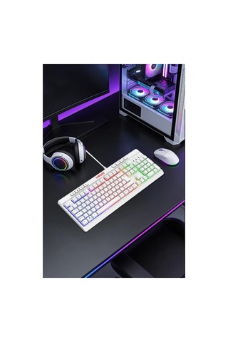 Membran Switch Rainbow Led Işıklı Türkçe Q Gaming Oyuncu Klavyesi Beyaz Renk Klavye