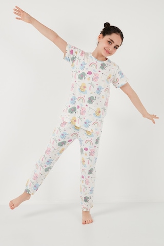 Lela % 100 Pamuk Bisiklet Yaka Kısa Kollu Kız Çocuk Pijama Takımı 6651004 Ekru