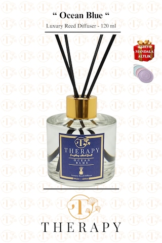 Therapy Smell, Ocean Blue - Lüks Çubuklu Oda Kokusu / 120 Ml / Extra Clear Silindir Cam Şişe / Metal Altın Kapak / Hediyeli Okyanus