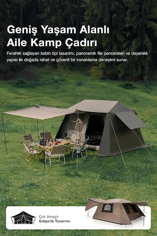 8 Kişilik 4 Mevsim Su Geçirmez Gölgeli Kamp Çadırı 210d Oxford Kumaş 13m2 395x275x220 Cm Bej