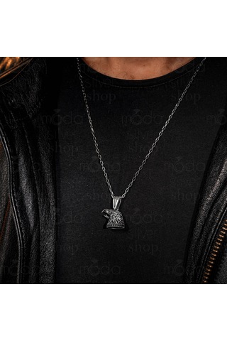 925 Ayar Gümüş Üç Boyutlu Kartal Kafası Tasarım Erkek Kolye Gümüş