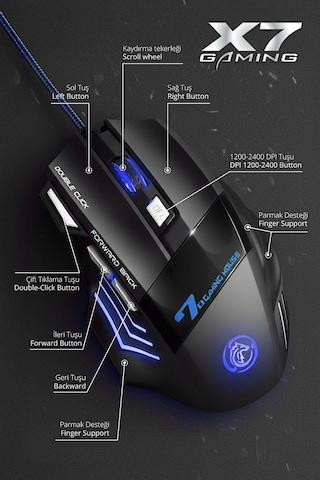 7635 X7 Rgb Led Işıklı Gaming Mouse / 7 Tuşlu Oyuncu Mouse / 800/1200/1600/2400 Dpı / Kumaş Kablo 7635