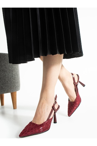 Lebibe Shoes Lısa Kadın Bordo Sivri Burun 7 Cm Topuklu Çiçek Dantel Desenli Rugan Slingback Ayakkabı