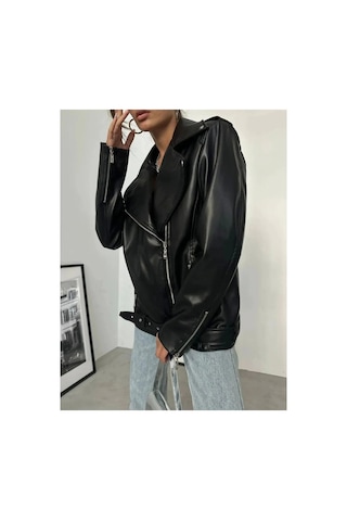 Candybia Kadın Oversize Biker Deri Ceket Siyah Siyah