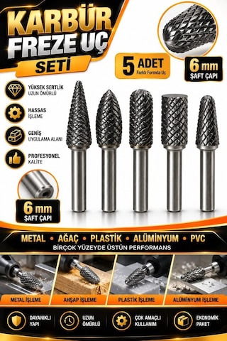 Karbür Freze Uç Seti 5 Parça 6 Mm Şaft Metal Ahşap Alüminyum Pl