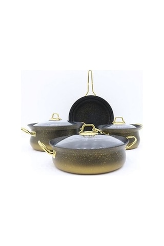 Oms Granit Bakraç 7Pcs Tencere Seti İndüksiyon Taban Cam Kapak