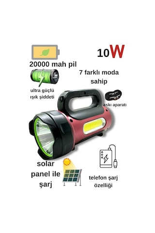 10w Uzun Menzilli Solar Panelli Powerbank Usb Çıkış S.o.s Lu Ultra Güçlü Ledli Şarjlı Feneri Siyah