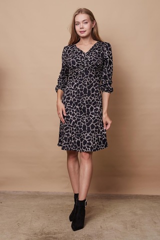 Kadın Hafif Likralı Yumuşak Dokulu Kumaş V Yaka Önü Düğümlü Eteği Volanlı Uzun Kol Diz Boy Elbise-lacivert Desen Lacivert D.