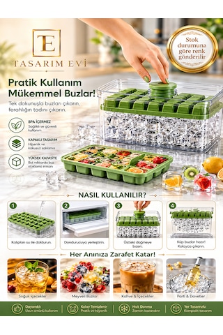 Yeni Nesil Basmalı Çift Buz Kalıbı Buzluk Kapaklı Saklama Kutulu 28 28 56 Bölmeli 10x20 Cm Yeşil