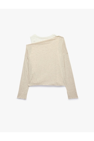 Koton Asimetrik Yaka Uzun Kollu Slim Fit Tişört Bej 7wal10346ık Ekru
