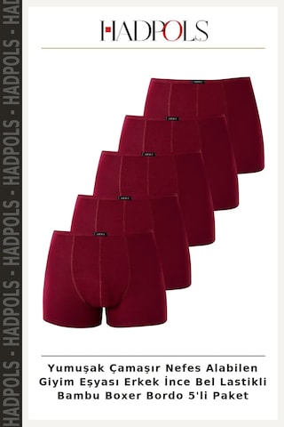 Hadpols Yumuşak Çamaşır Nefes Alabilen Giyim Eşyası Erkek İnce Bel Lastikli Bambu Boxer Bordo 5'li Paket