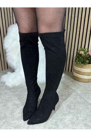 Günlük Kadın Taşlı İnce Yüksek Topuklu Sivri Burunlu Fermuarsız İnceltici Etkili Abiye Çizme 820 Siyah Taşlı