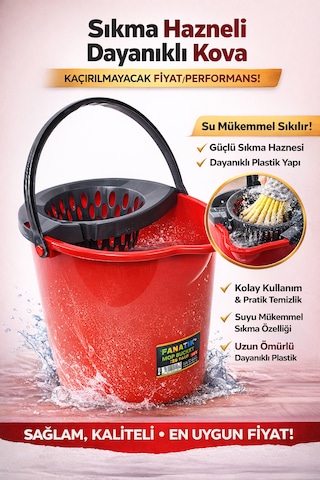 Yuvarlak Fanatik Mop Ve Su Kovası Sıkma Hazneli 12 Lt-kırmızı