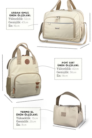 Stylo 3'lü Set Anne Bebek Bakım Sırt Çantası - Urban Anne Bebek Omuz Çantası ve Termos Çanta Bej