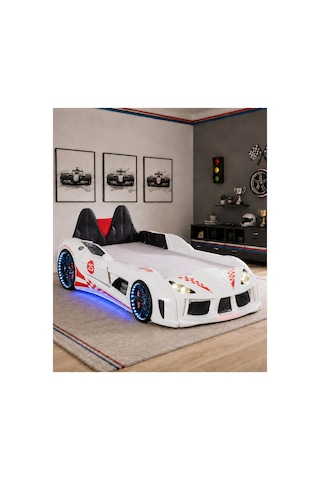 Setay Arabalı Yatak, Raceing Car V8 Full Ledli Koltuklu Arabalı Yatak - Beyaz 100x190