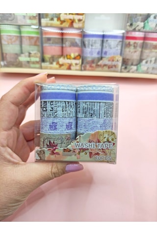 Vintage Washi Tape Bant Baskılı Yapışkanlı Maskeleme Kağıdı 45f Desenli Bant 10'lu - Mor El Yazılı 1