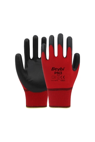 Beybi Pn3 Kırmızı Polyester Örme Nitril Işçi Eldiveni 12 Çift