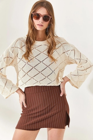 Alisse Kadın Kahverengi Çizgili Likralı Mini Yırtmaçlı Şort Etek Kahvrengi Çizgili Kahverengi