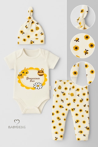 Babyden's Yengesinin Balı Yazılı 3 Lü Bebek Takımı Kısa Kollu Çıtçıtlı Body Zıbın, Arı Desenli Pantolon ,bere Set Ekru - Sarı