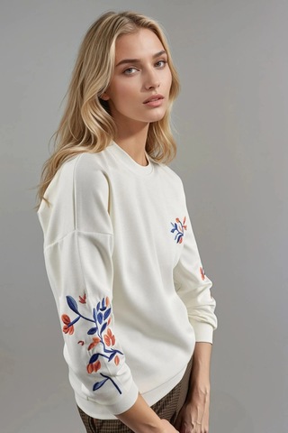 Fiolin Modal Dokulu İşlemeli Bisiklet Yaka Sweatshirt Ekru
