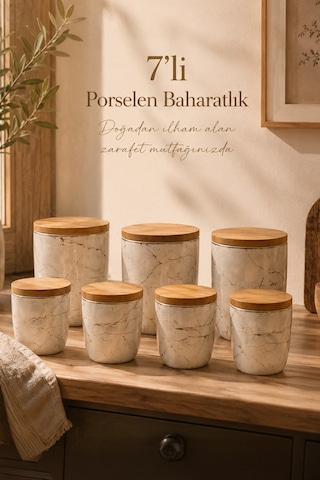 Porsima Pxm2673-7/s Marble 7 Parça Bambu Vakum Kapaklı Porselen Baharat Takımı Baharatlık Seti Diğer