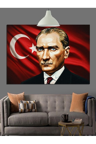 Bayrak Önünde Atatürk Portresi Dekoratif Kanvas - Mdf Ahşap Tablo