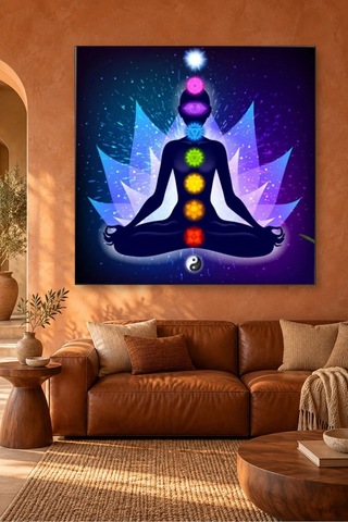 Fida Mavi Işıklı Lotus Ve Yin Yang Çakra Canvas Tablo