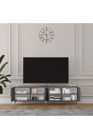 Asra Trend Tv Ünitesi T-04 %100 MDF 160 cm Tv Sehpası 4 Kapaklı Raflı Koyu Gri