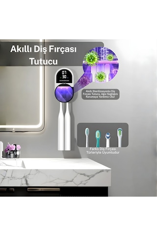 Npo Esx9 Led Ekranlı Otomatik Açılan Kapaklı Şarjlı Fırça Tutucu Ve Uv Diş Fırçası Sterilizatörü Beyaz