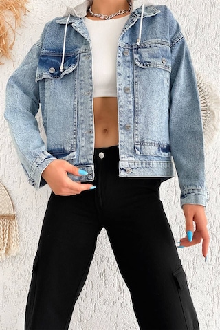 Kadın Çıkarılabilir Kapüşonlu Cepli Denim Ceket Astarsız & Çok Amaçlı Kullanım Mavi