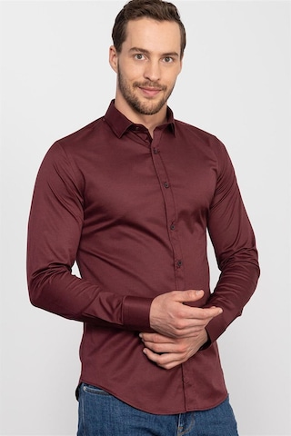 Tudors Slim Fit Uzun Kollu Likralı Düz Pamuk Saten Erkek Bordo Gömlek-19933 Bordo