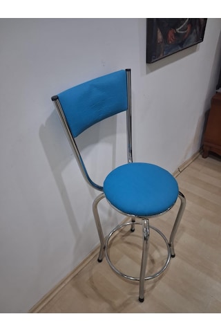 Sandalye 90677 Yüksek Bar Tabureturkuaz 1 Adet Metal Çelik Nikelaj Suni Deri Döşeme Mavi